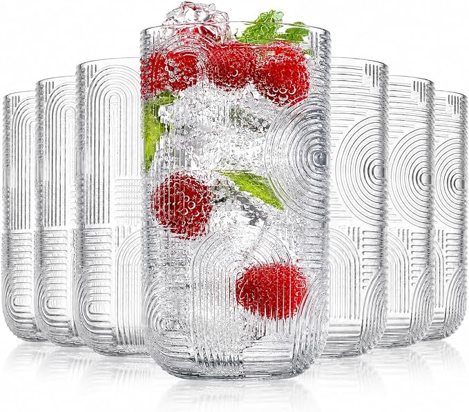 Highball Glasses Set of 8, 14 oz Embossed Drinking Glasses, Vintage Art Deco