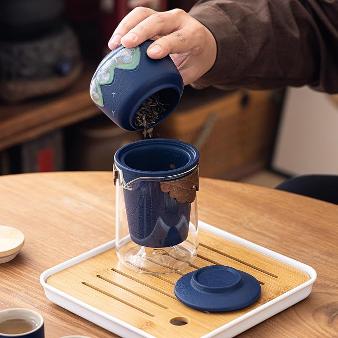Portable Gongfu Tea Set with Travel Case, Ceramic Tea Set with Glass Teapot