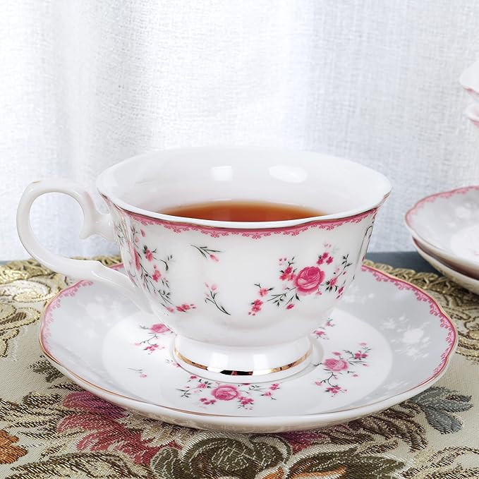 fanquare Pink Rose Tea Cup and Saucer Set