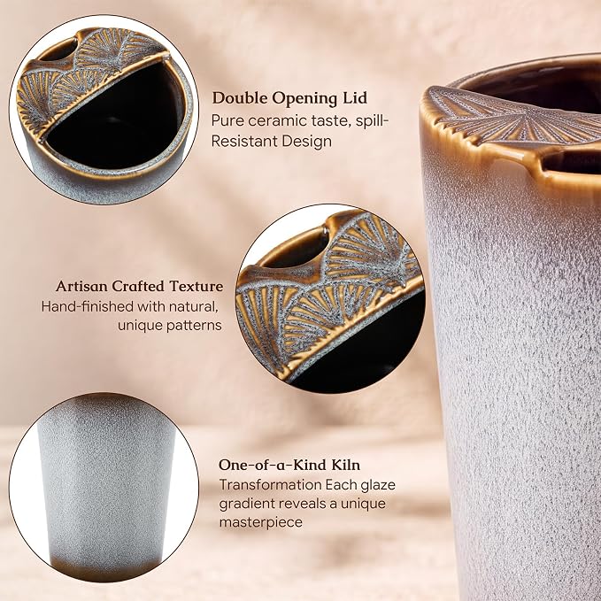 1 Pack Ceramic Coffee Mug with Sip Hole, 14.5 oz Handleless Tumbler Cup with 1