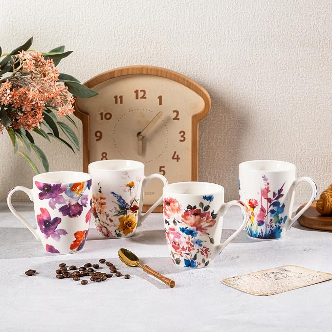GBhome Floral Coffee Mugs Set of 6, 12 oz Ceramic Coffee Cups Set | Classic