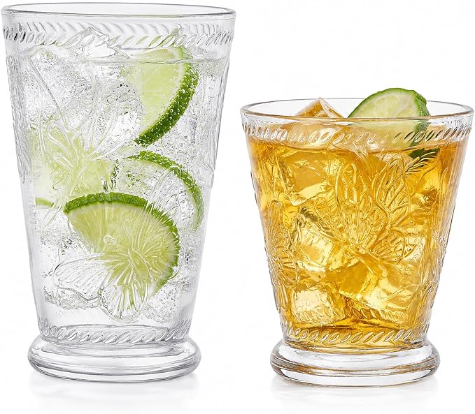 2 Pack Embossed Vintage Mixed Drinking Glasses, 12 Oz & 9 Oz Glasses | Embossed