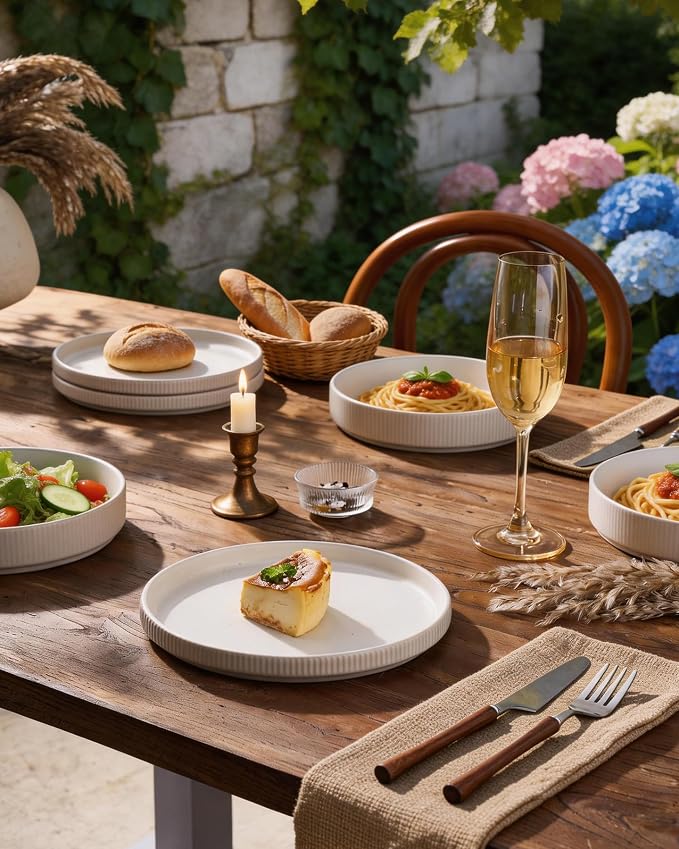Stoneware Dinnerware Set for 4, 8-Piece Wide Pasta Bowls and Salad Plates |