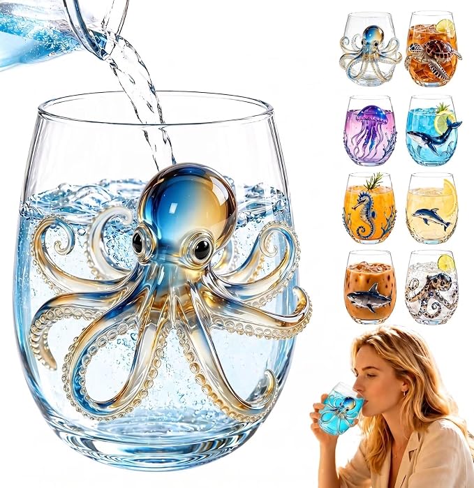 Golden Octopus Artisanal Glassware, 3D Stemless Wine Glasses Cup | Handcrafted