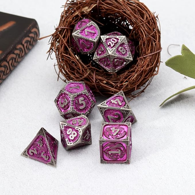PJOY Metal DND Dice Set with Dice Case Antique Silver Purple Dragon D&D