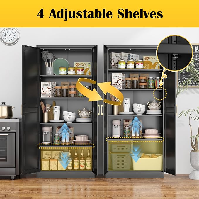 Kitchen Pantry Cabinet, 71”Black Metal Pantry Storage Cabinet