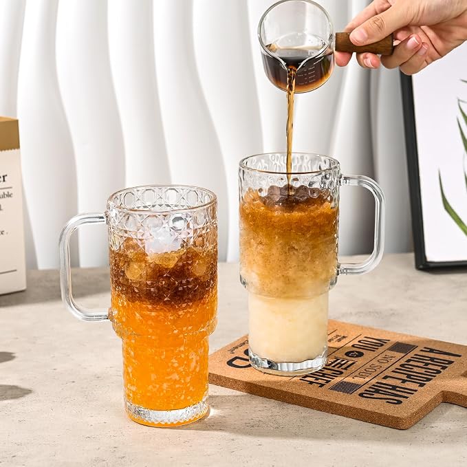 17oz Glass Tumbler with Handle & Lid – 2-Pack Iced Coffee Cups with Straws