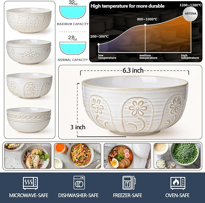 Soup Bowls 32 OZ, Cereal Bowls Set of 4, Dishwasher Microwave Safe, 6.3 Inch