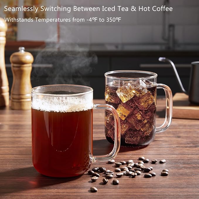 Glass Coffee Mugs, 20 oz Ice Coffee Cups Set of 6, Large Clear Tea Cups