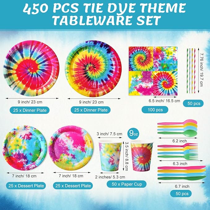 450 Pcs Tie Dye Party Tableware Set Decorations, Serves 50 | Rainbow Birthday