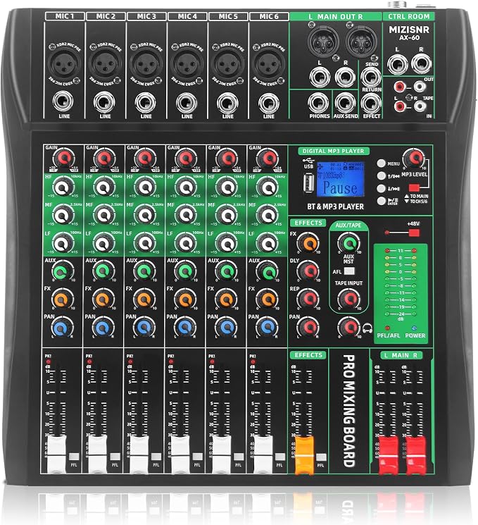 6 Channel Audio Mixer, Professional DJ Mixer Board Sound Music Mixing Console