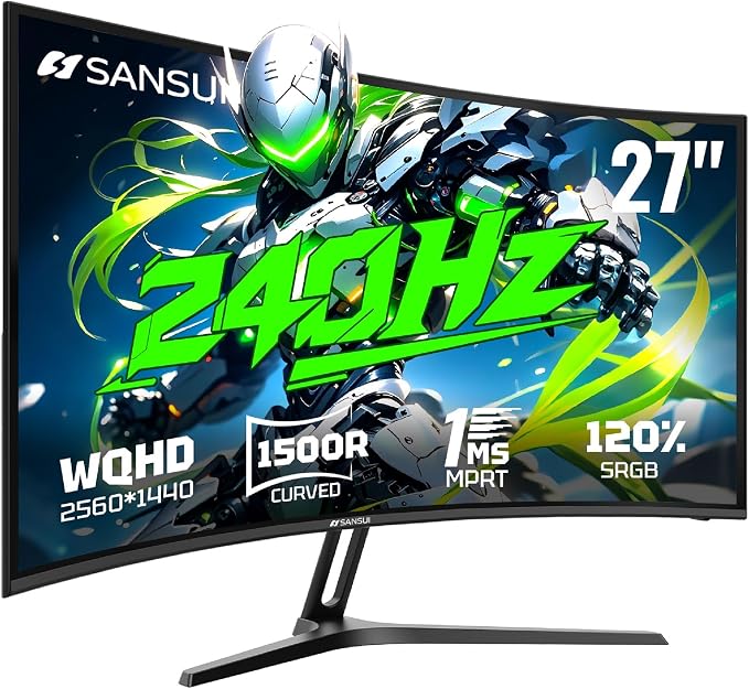 SANSUI 27 Inch Curved 240Hz Gaming Monitor, 2K WQHD 1500R Curved Computer