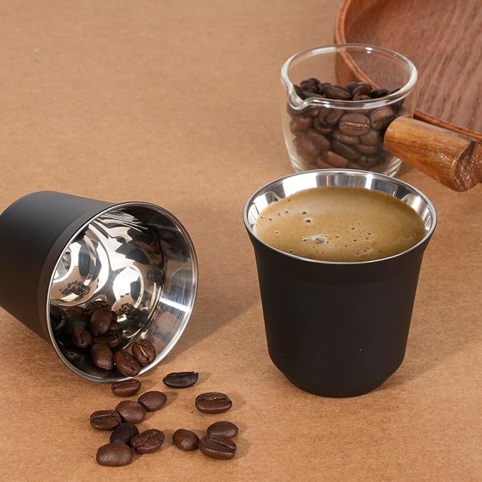 RECAPS 80ml Stainless Steel Espresso Cups Set | 2 Pack Double Wall 304
