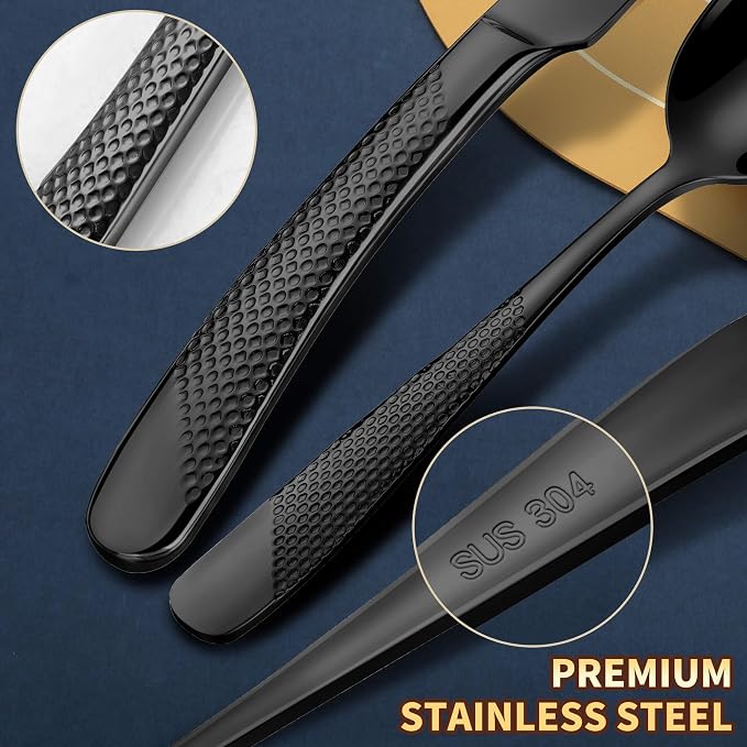 40-Piece Hammered Black Silverware Set