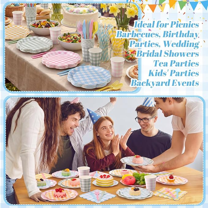 450 Pcs Gingham Tableware Set Decorations, Serves 50 | Pastel Plaid Paper