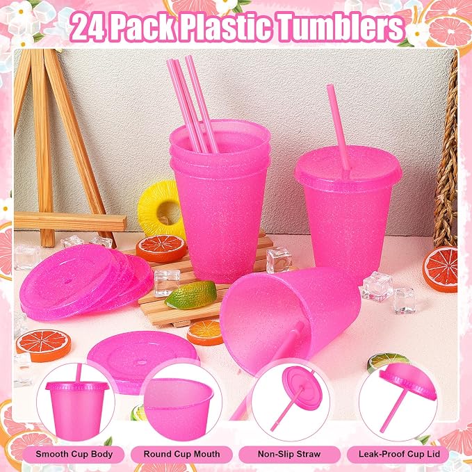 24 Pcs Plastic Tumblers with Lids and Straws, Reusable Cups with Lids Plastic