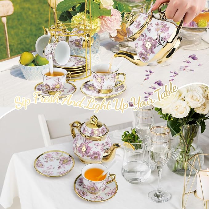 20 Pcs Porcelain Tea Set With Metal Holder,