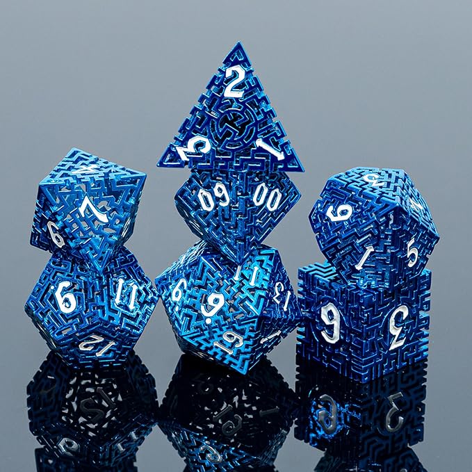 Blue Metal Hollow DND Dice Set Metallic Luster Maze Design