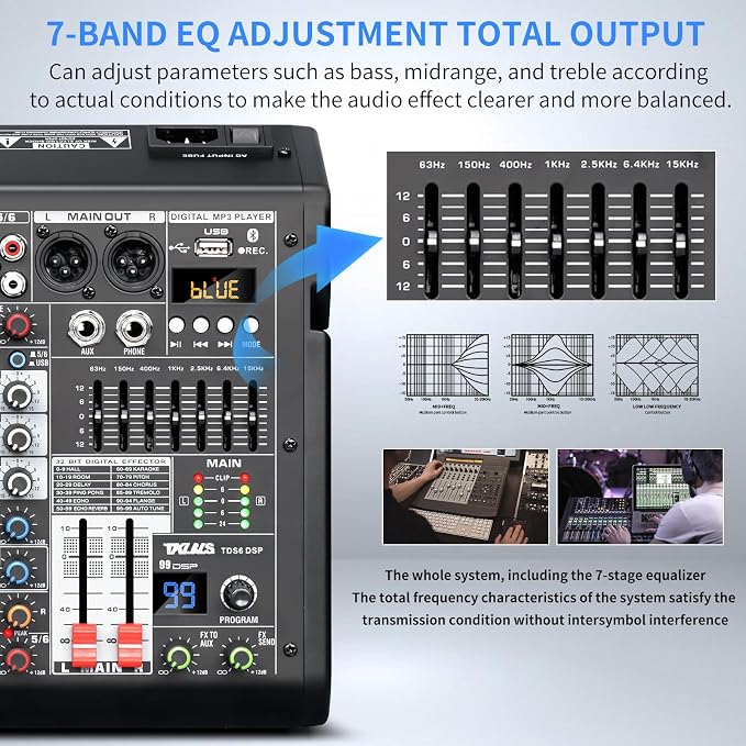 Audio Mixer, 6-Channel Professional DJ Mixer