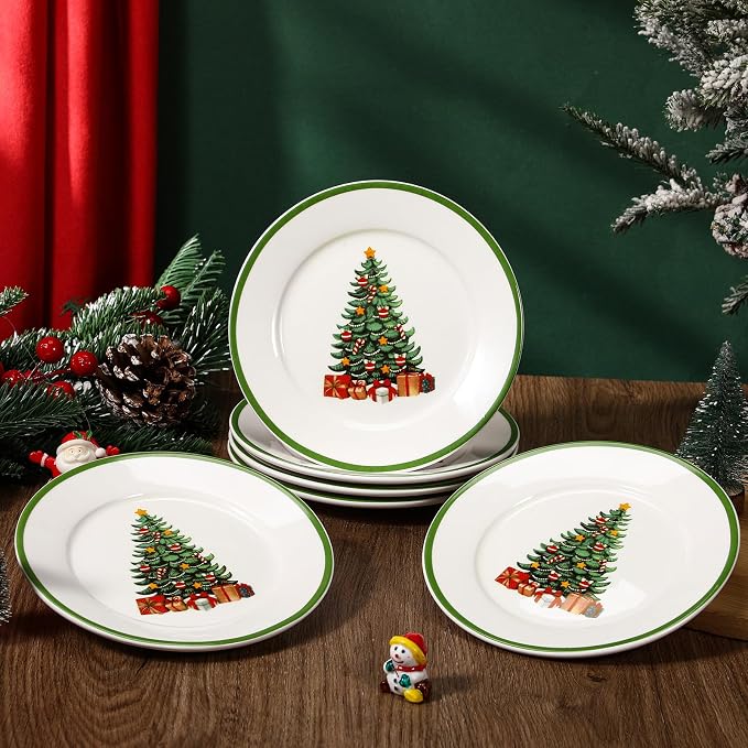 Honeydak 6 Pcs 6 Inch Christmas Plates Ceramic Xmas Tree Decorations Porcelain
