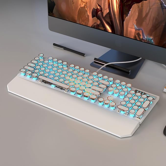 MageGee Typewriter Mechanical Gaming Keyboard, Retro Punk White Round Keycaps