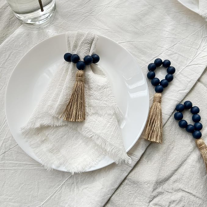Napkin Rings Set of 12, Wooden Bead Elastic Tassel Napkin Ring | Tassel Napkin