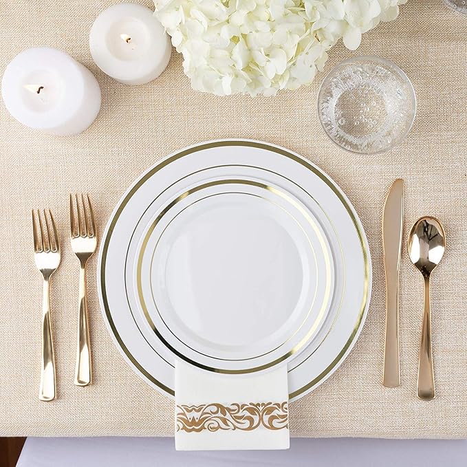 125-Piece White and Gold Fancy Plastic Plates Disposable