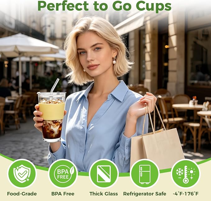 Birity 16oz Glass Cups with Lids and Straws, Glass tumbler With Straw and