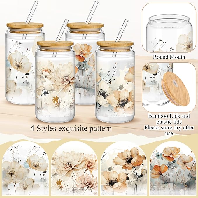 Mumufy 4 Pack Wildflower Glass Cups Gift Aesthetic Cute Glass Cup Tumbler