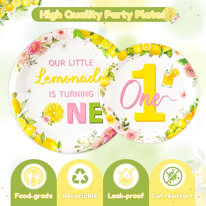 96Pcs Lemon 1st Party Plates Supplies Pink Yellow Our Little Lemonade Is