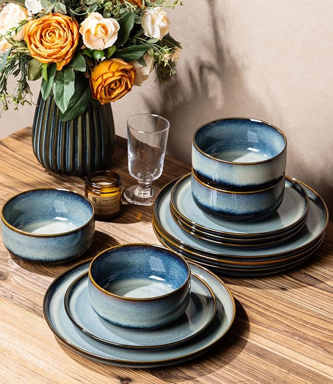 Ceramic Dinnerware Set for 4, 12-Piece Plates and Bowls Set | Handmade Reactive