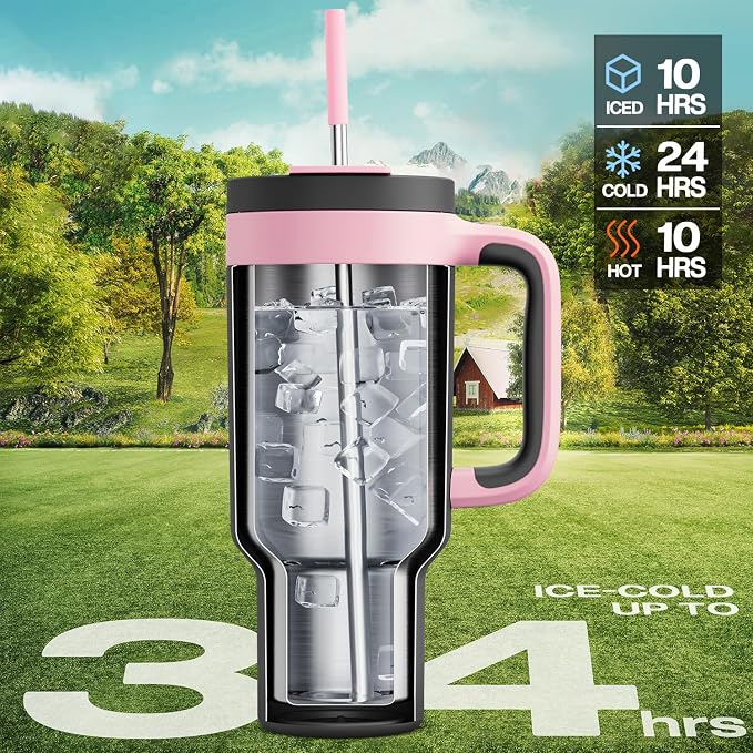 POWCAN 40 oz Tumbler with Handle, 2-in-1 Straw and Sip Lid, Dishwasher Safe