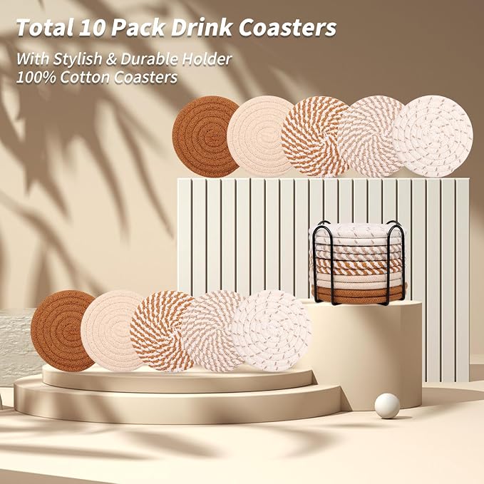 10 Pcs Drink Coasters with Holder, 5 Colors Absorbent Coasters
