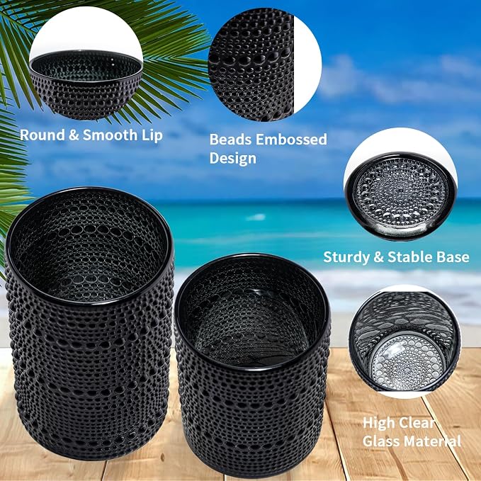 Black Hobnail Beaded Drinking Glasses Set of 12, 12 oz & 15oz Vintage Glassware