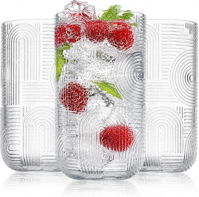 Highball Glasses Set of 8, 14 oz Embossed Drinking Glasses, Vintage Art Deco