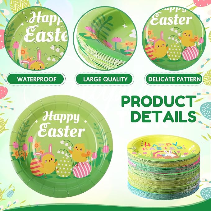 120 Pieces Happy Easter Paper Plates Bulk 7 Inch Bunny Eggs Disposable Easter