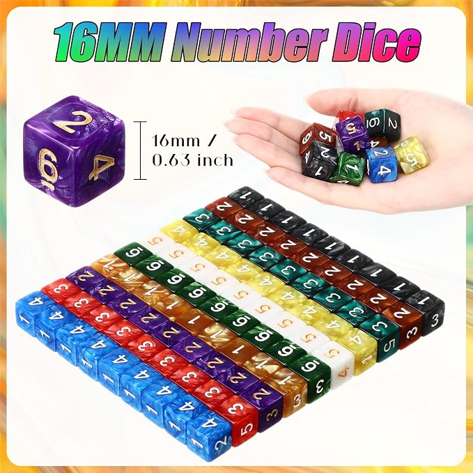 Poen 100 Pcs 16mm Dice Set Bulk, 6 Sided Standard Colored Dices