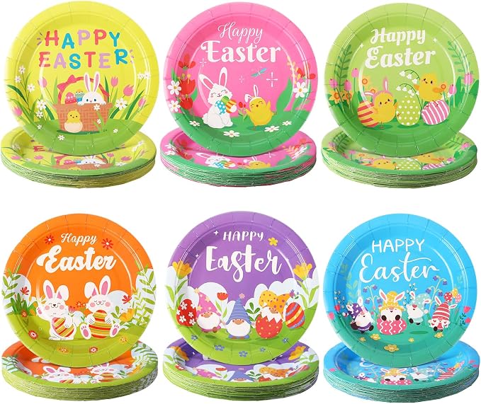 120 Pieces Happy Easter Paper Plates Bulk 7 Inch Bunny Eggs Disposable Easter