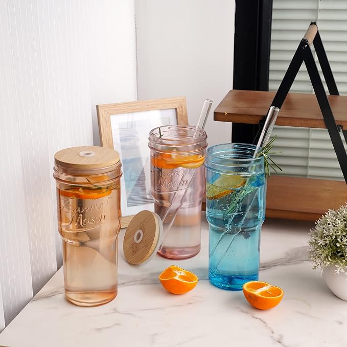 ANOTION Colored Glass Cups - 24oz Travel Coffee Mug Wide Mouth Mason Jar Iced