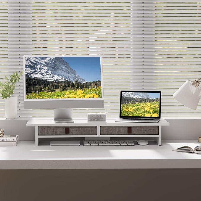 Fenge Monitor Stand with Drawer, 2 Tiers Dual Monitor Riser