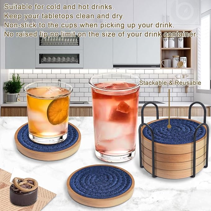 Eykao 6 Pack Coasters for Drinks Absorbent, Wooden Coasters for Coffee Tables