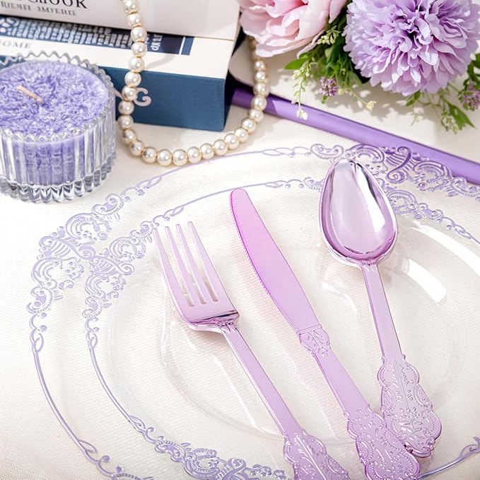 175 Pcs Clear Purple Plates for Party | Party Plates Set for 25 Guests