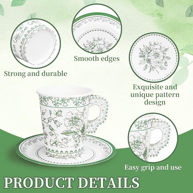 Whaline 80 Pcs Green White Floral Paper Tea Cups and Saucers Porcelain