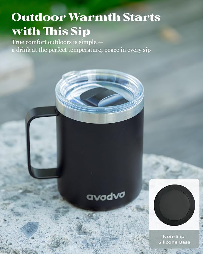12oz Insulated Coffee Mug with Lid – Includes Two Lids, Stainless Steel Coffee