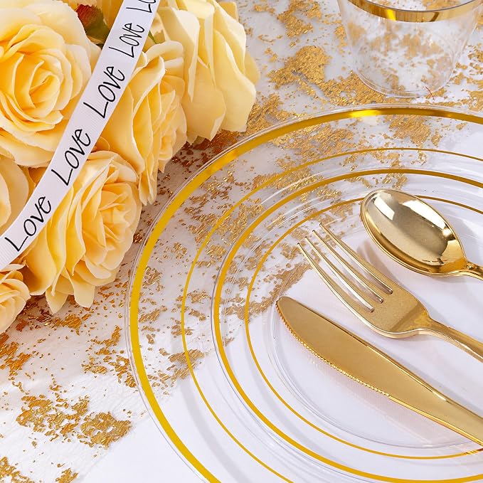 bUCLA 300Pcs Clear Gold Plastic Disposable Dinnerware Set