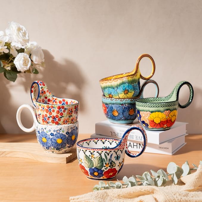 silesia Handmade Loop Handle Soup Bowl, Plate and Spoon Set Ceramic Hand