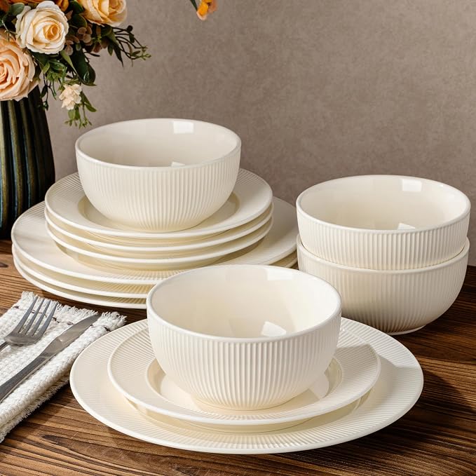 Ceramic Dinnerware Set for 4, 12-Piece Plates and Bowls Set | Lightweight
