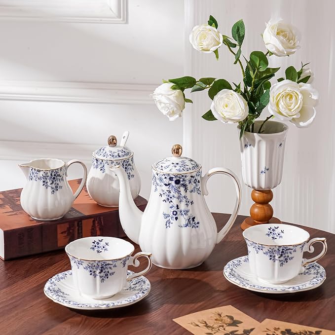 Ceramic Floral Cups with Saucers，7 oz Espresso Cups