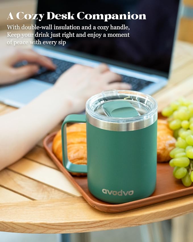 12oz Insulated Coffee Mug with Lid – Includes Two Lids, Stainless Steel Coffee