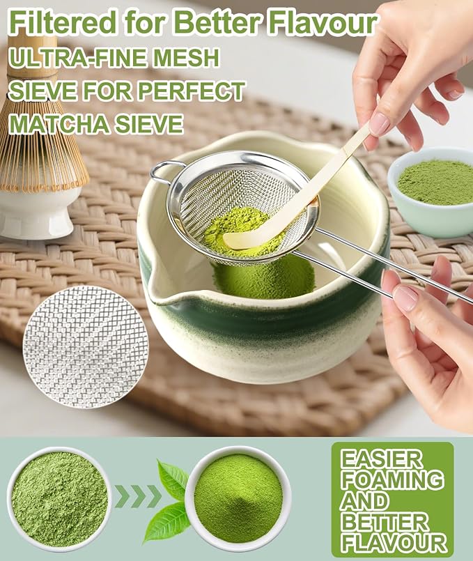 JBER Matcha Set, Bamboo Whisk, Powder Sifter